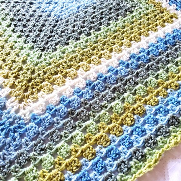 Crochet BABY BLANKET AFGHAN Lap Granny Square 29"x 29" Blue White Green New - Picture 2 of 9